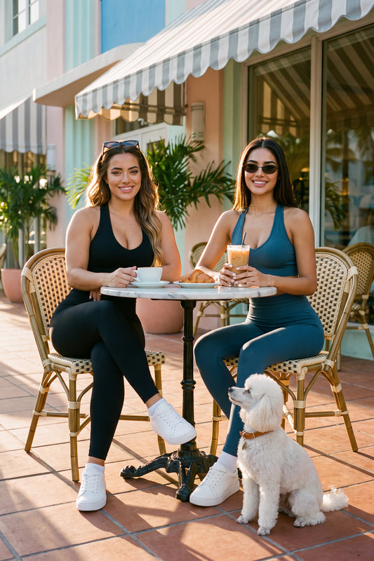 Two women in the CAROLINA SET, black and turquoise, halter tops and high-waist leggings at a Miami café