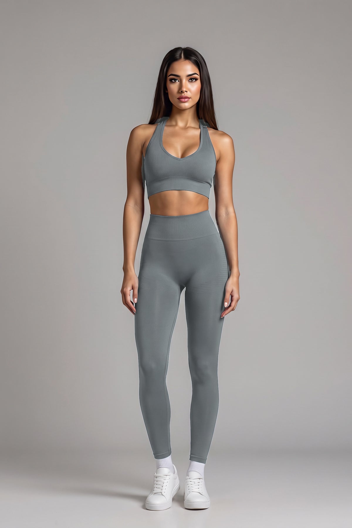 Front view of the gray CAROLINA SET halter top and high-waist leggings
