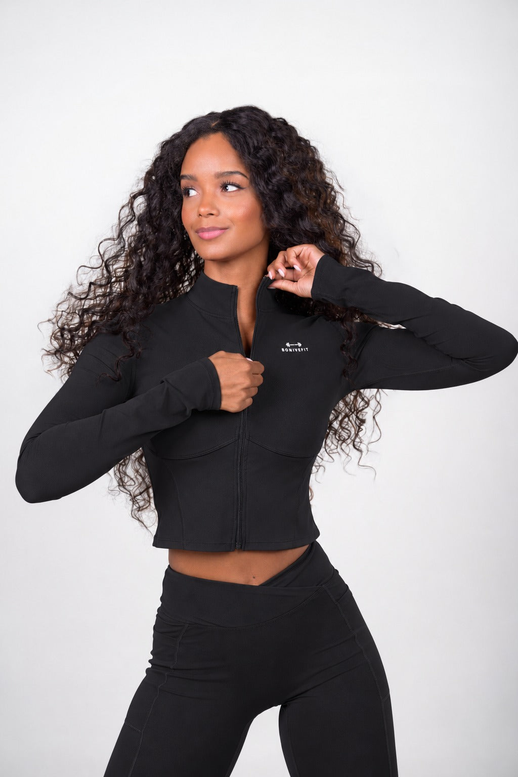 Black MERLOT JACKET, cropped zip-up jacket with a stand-up collar, front view
